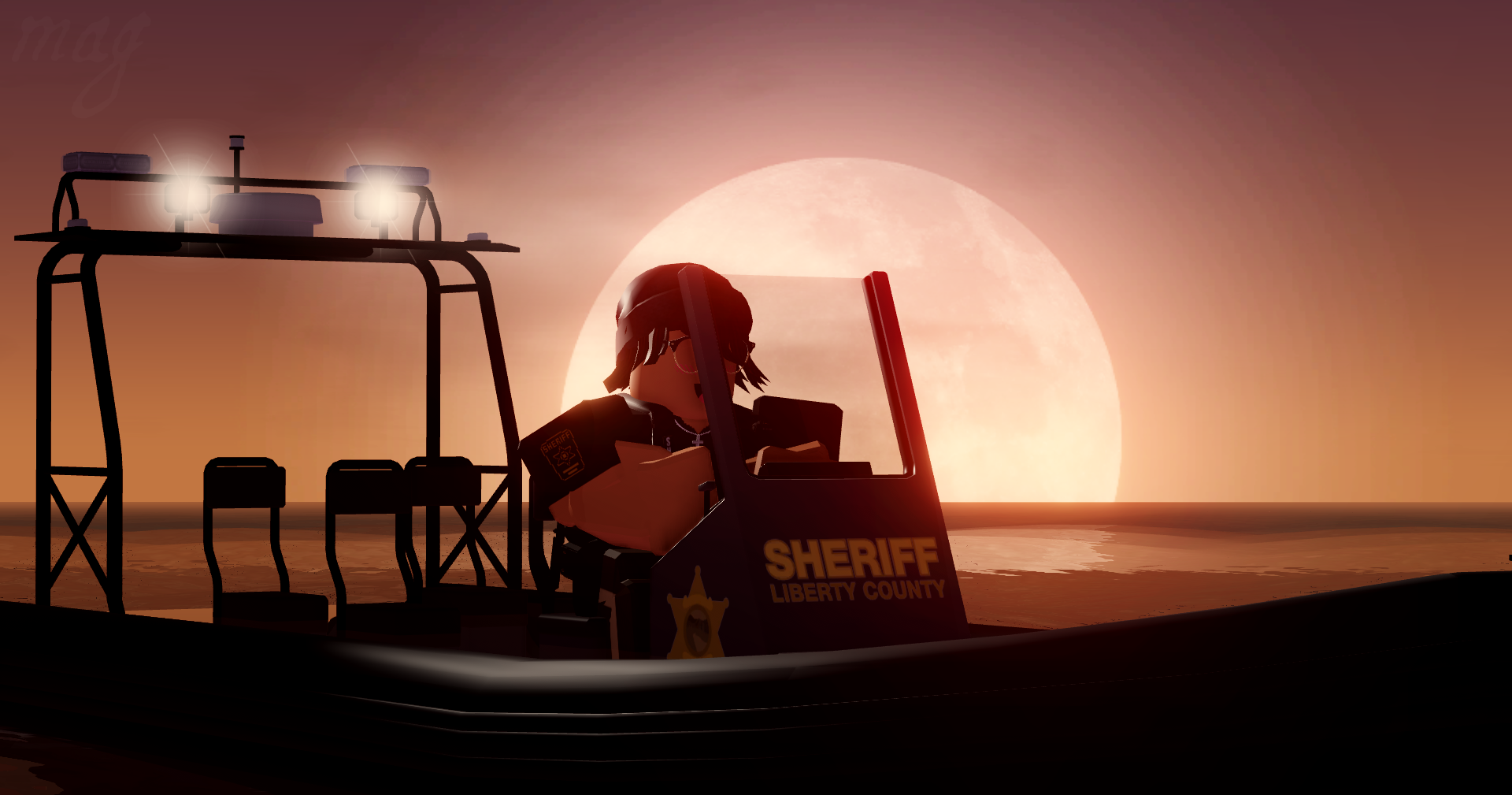 An ER:LC sheriff boat on the water at sunset